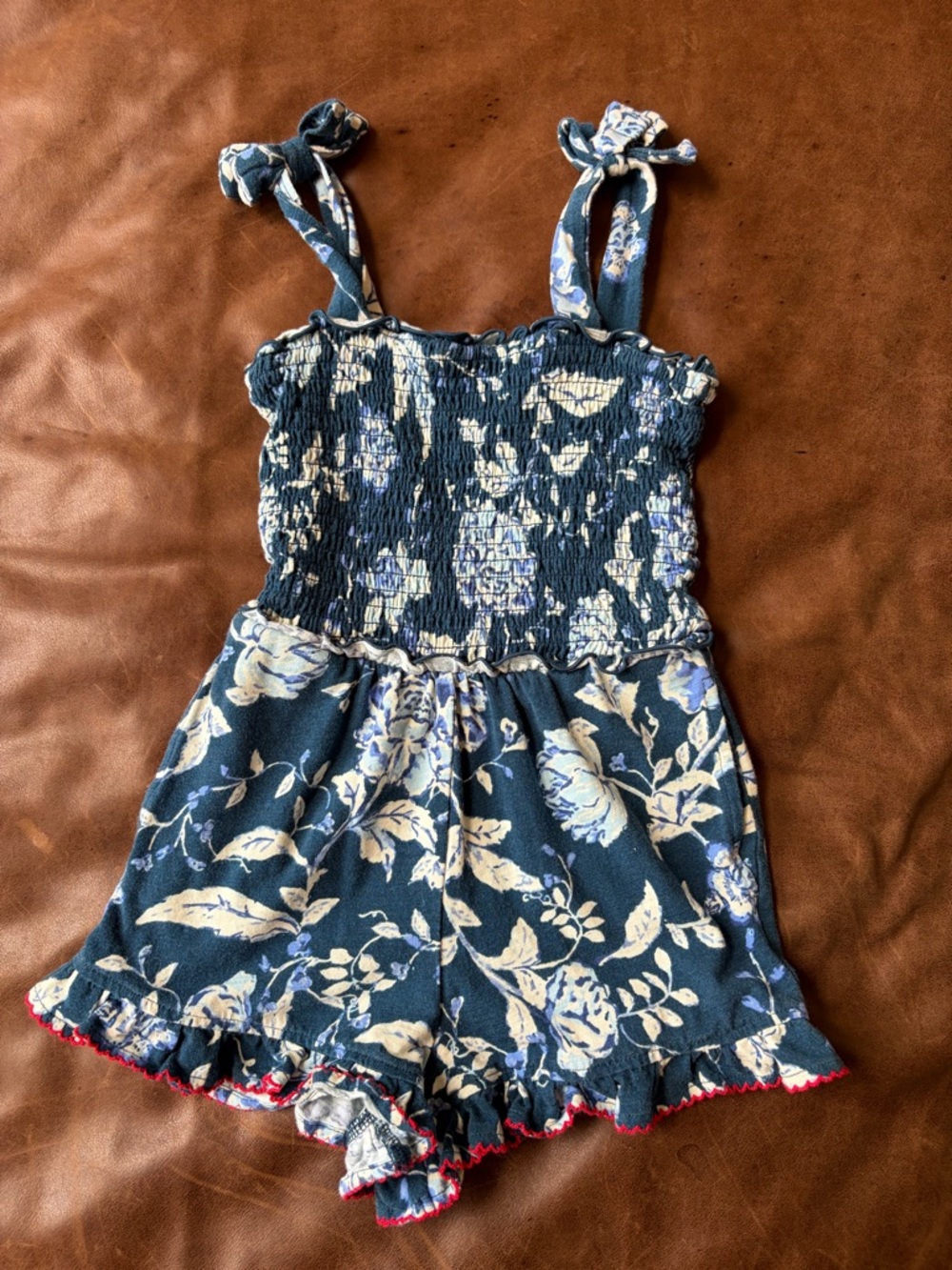 Matilda Jane Navy and White Floral Smocked Romper with Tie Straps